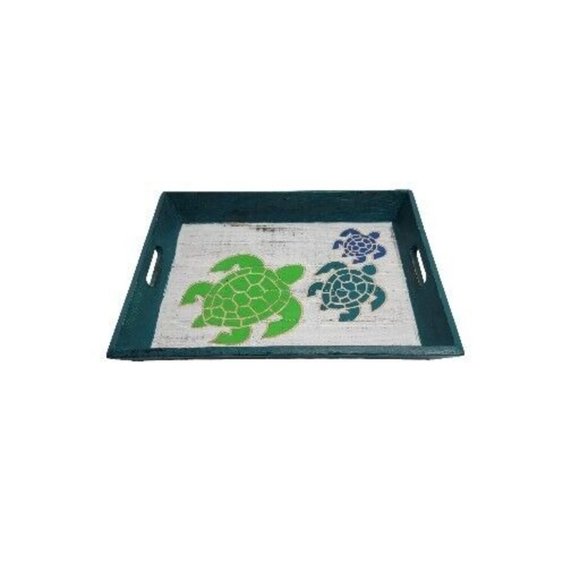 Sea Turtle Wood Tray Hand Painted Turtles Hand Carved Green Blue Serving Tray - Picture 8 of 10